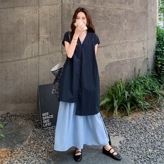 2点セット！【セットアップ】夏人気 清涼感 アート風コーデ キャミワンピース＋シアーシャツ 2点セット レディース 上品ロング丈 マキシワンピース【JZシリーズ】