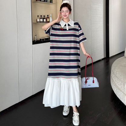 【ワンピース】ポロ襟 着痩せ 配色デザイン 半袖 ワンピース 【JZシリーズ】