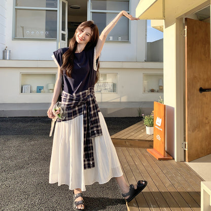 【ワンピース】夏 韓国風カジュアルな雰囲気コーデ チェック柄×レース切り替え ノースリーブワンピース【SHシリーズ】