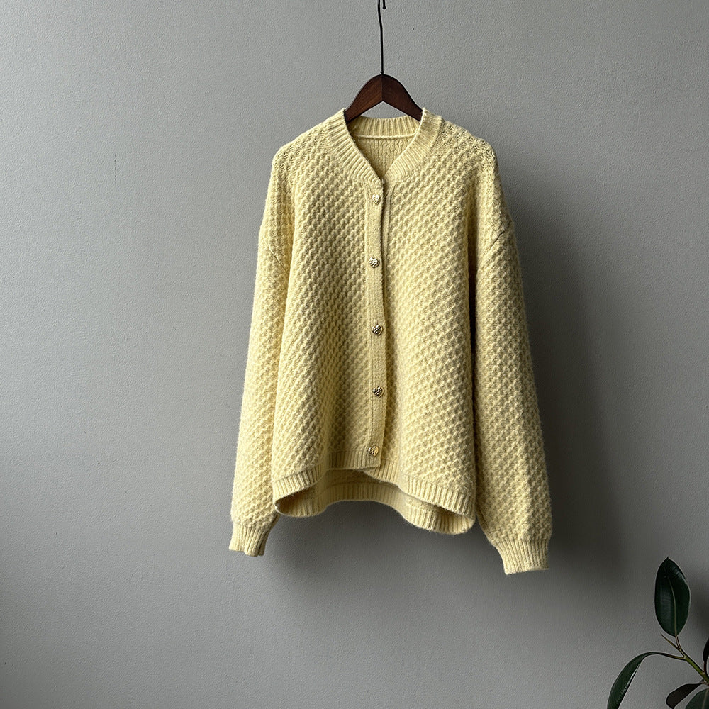 【アウター】パイナップル柄 ハートボタン  クルーネック ニット カーディガン 【JZシリーズ】