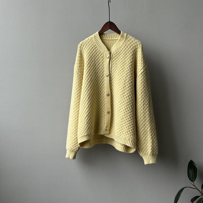 【アウター】パイナップル柄 ハートボタン  クルーネック ニット カーディガン 【JZシリーズ】