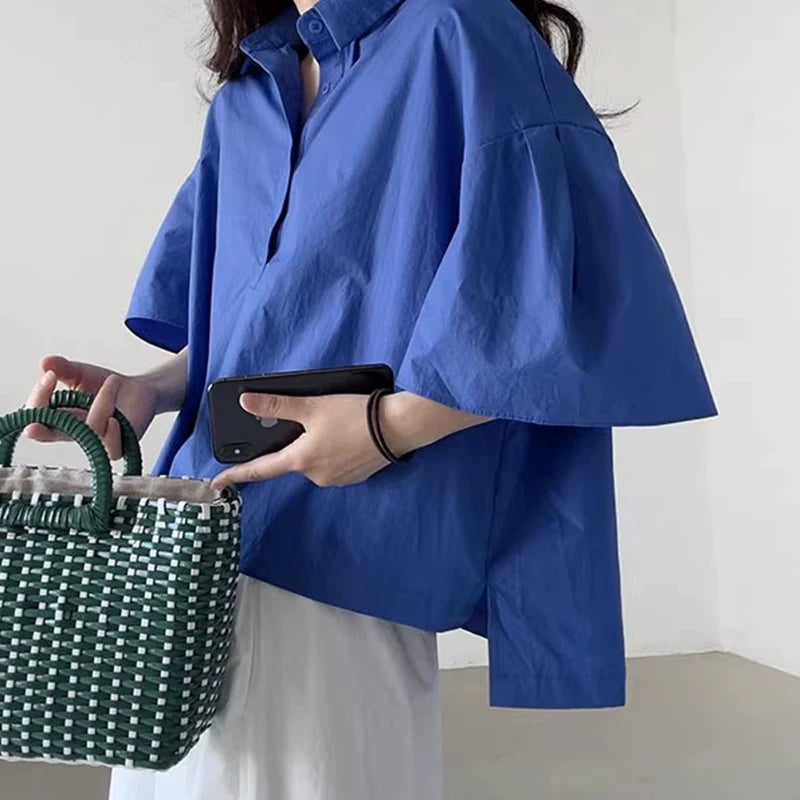 【トップス】クラインブルー シャツ レディース 夏 半袖 ブラウス アシンメトリー デザイン ゆったり おしゃれ【JZシリーズ】