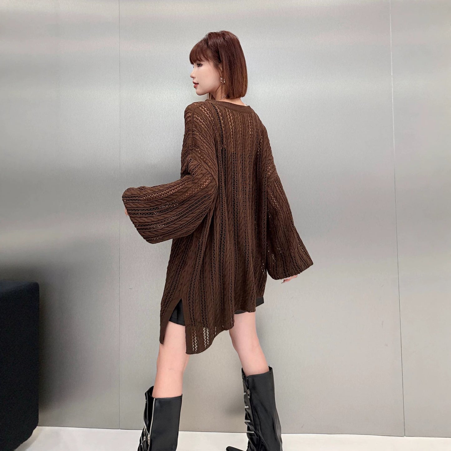 【トップス】リラックス透かし編みロングニット レディース ゆったり クルーネック 秋コーデ【AHシリーズ】