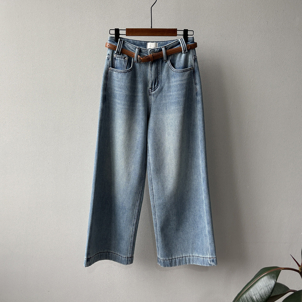 【ボトムス】ベルト付き！韓国風 ハイウエスト 裏起毛 ストレートデニムパンツ 冬 新作 ゆったりワイド カジュアル 【JZシリーズ】