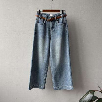【ボトムス】ベルト付き！韓国風 ハイウエスト 裏起毛 ストレートデニムパンツ 冬 新作 ゆったりワイド カジュアル 【JZシリーズ】