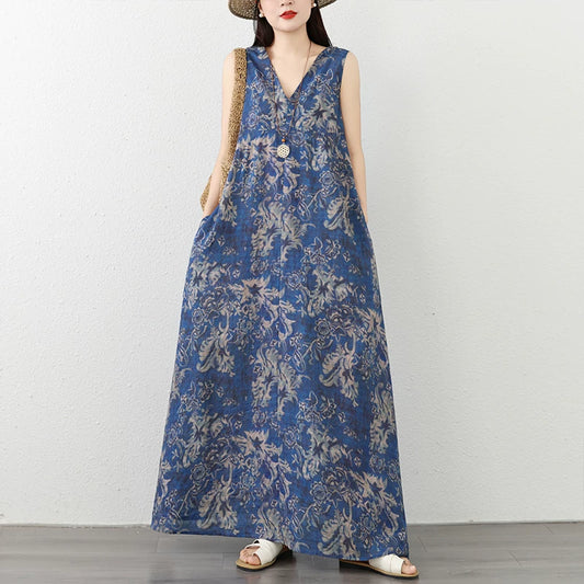 【ワンピース】インポート風 ノースリーブ ワンピース レディース 夏 リネンコットン 花柄 Vネック ロング丈 ゆったり 体型カバー 薄手【SHシリーズ】