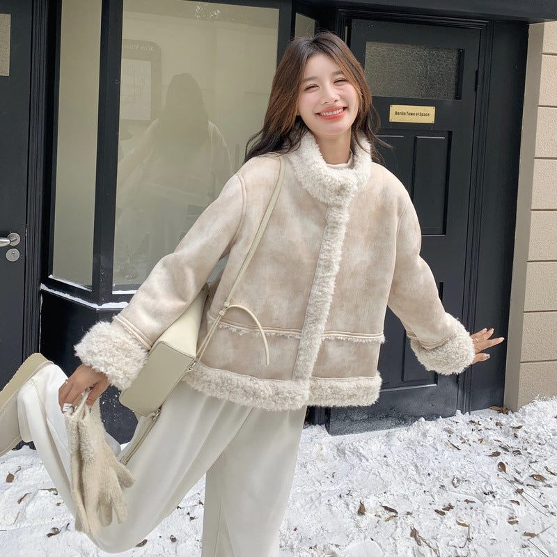 【アウター】冬 レディース 蓮ピンク タイダイ柄 フェイクムートン ボアジャケット ハイネック 小柄向け 韓国風コート【JZシリーズ】