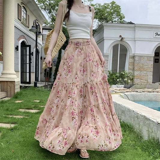 【ボトムス】フレンチ花柄シフォンスカート レディース 夏 ロング丈 フレアシルエット ハイウエスト 上品エレガント【SHシリーズ】