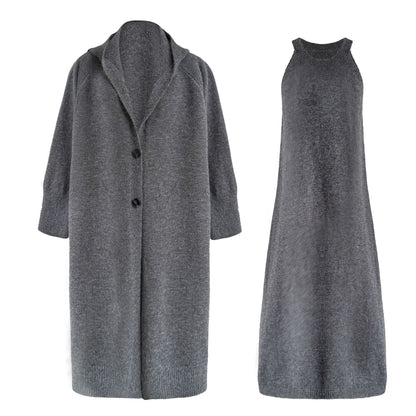 【セットアップ】【単品注文】ゆったり風 ロング丈  春 秋 冬  フード付き カーディガン + ノースリーブ ワンピース 2点ワンピースセット 【JZシリーズ】