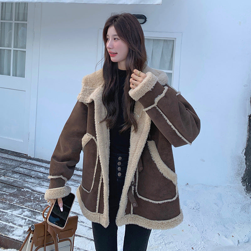 【アウター】キャメルスエード調フード付きフェイクムートンコート 冬 カラー切替 ボア裏地 保温 中綿ジャケット レディース【JZシリーズ】