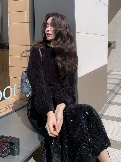 【ワンピース】オードリー風 ベロア 春 秋 冬 スパンコール 長袖 ワンピース【JZシリーズ】