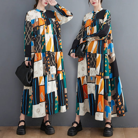 【ワンピース】春 秋 冬プリント 韓国風 レトロ＆ナチュラル風 長袖 ワンピース 【SHシリーズ】