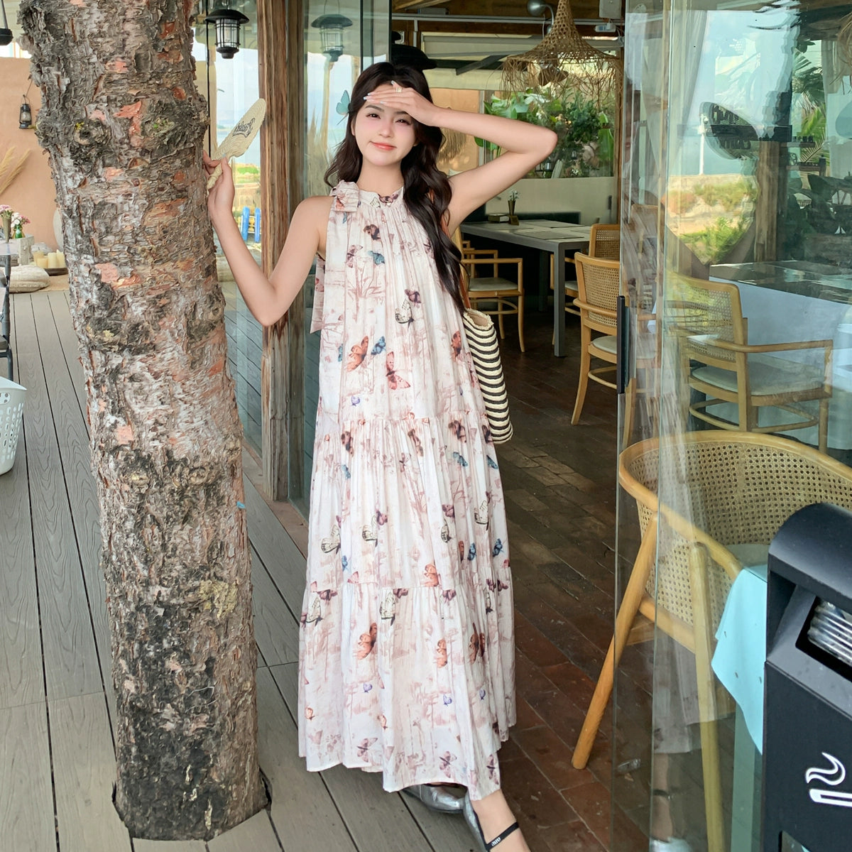 【ワンピース】夏 フレンチ温柔風 蝶柄 ノースリーブワンピース【SHシリーズ】