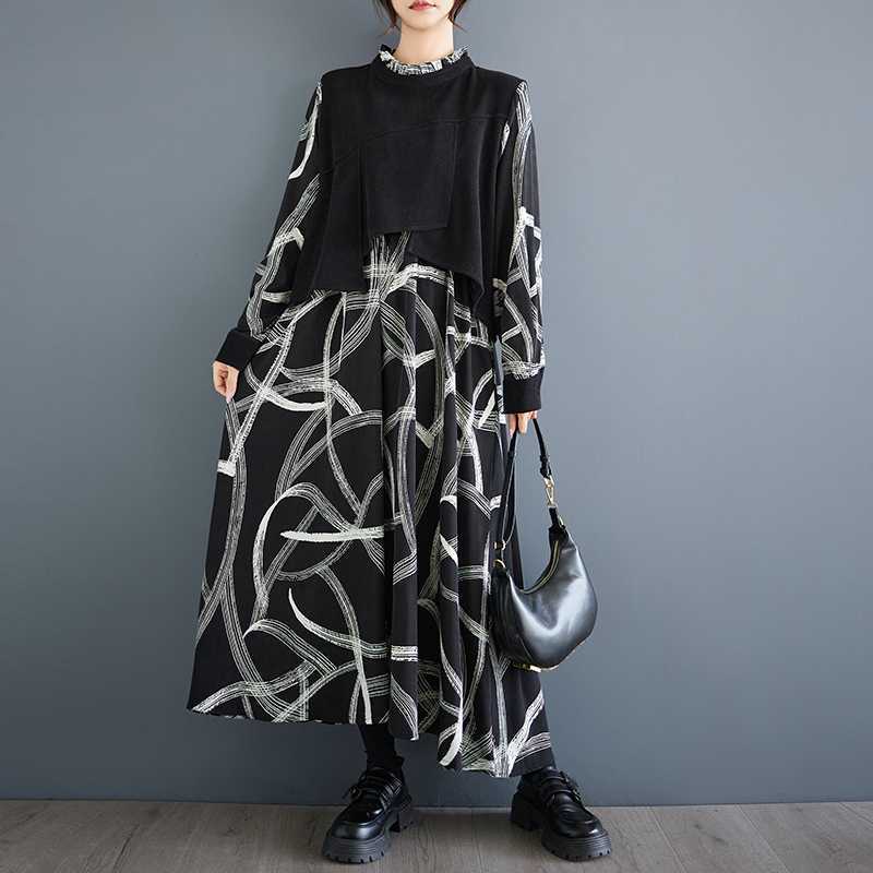 【ワンピース】春秋 個性柄 カジュアル レイヤード風 長袖ワンピース【SHシリーズ】