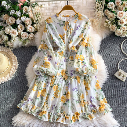 6color【ワンピース】ガーリー花柄ロングワンピース レディース 秋新作 ボリュームスリーブ ウエストゴム ナチュラル【SHシリーズ】