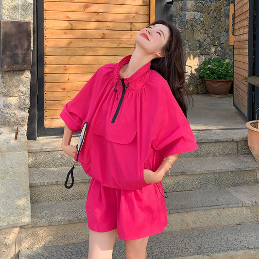 2点セット！【セットアップ】薄手速乾Tシャツ＋ショートパンツ 上下セットレディース 夏 韓国風 スポーティーコーデ【JZシリーズ】