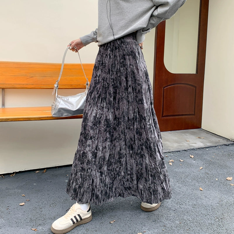 【ボトムス】プリーツ ゆったり ヒップカバー Aラインロングスカート 水墨画柄 ベルベットスカート【SHシリーズ】