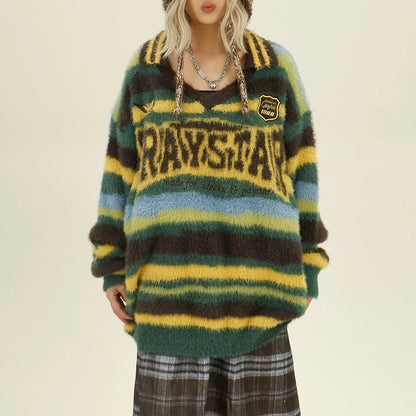 【トップス】アメリカンスタイル しま模様 ゆったり アルファベット ニットセーター【FCシリーズ】