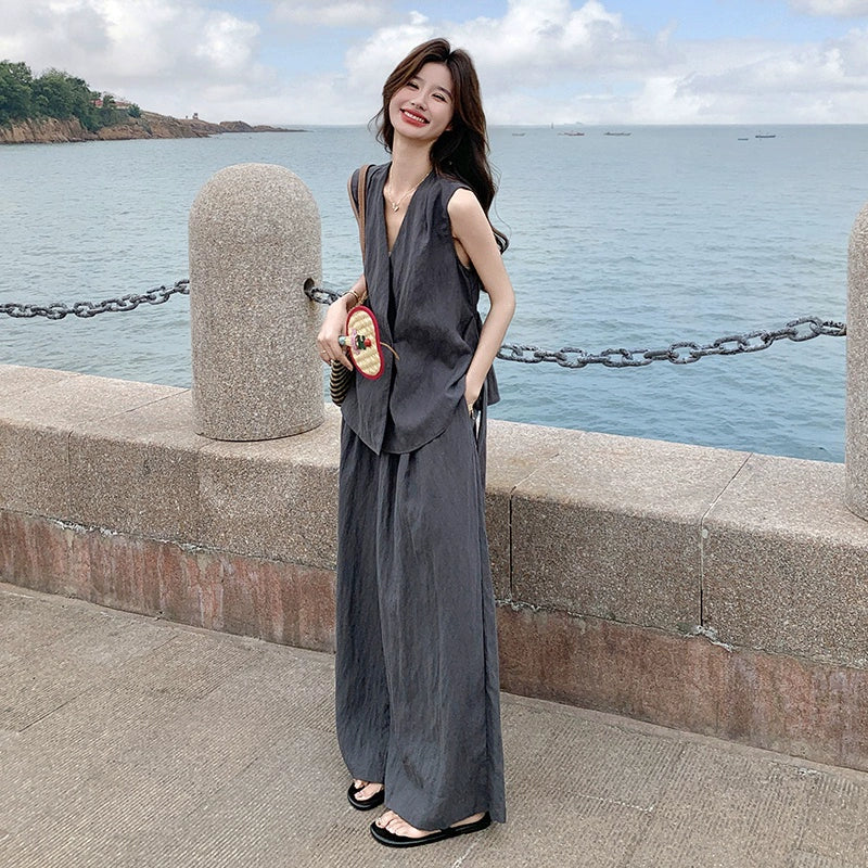 2点セット！【セットアップ】夏 韓国風 通勤 高級感 ジレ＋ワイドパンツ 上下セット【SNシリーズ】【JZシリーズ】