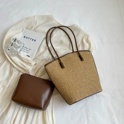 内袋プレゼント！【バッグ】ラフィア風トートバッグ 大容量 通勤OK 流行バケツ型ショルダー