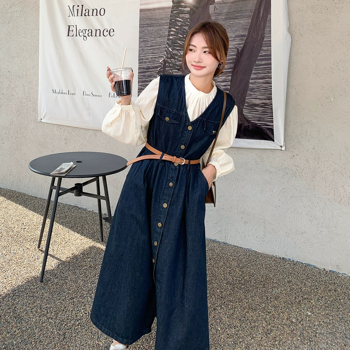 2点セット！【セットアップ】ヴィンテージデニムワンピースセット レディース 春秋 エレガント おしゃれ ブラウス＋キャミワンピース 2点セット【JZシリーズ】