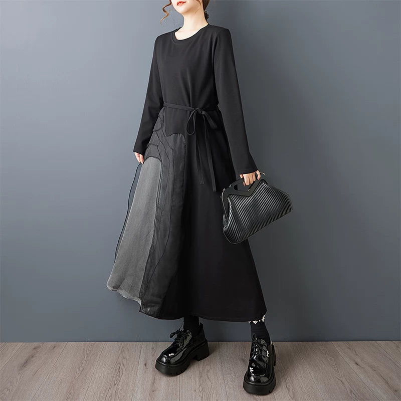 【ワンピース】ゆったり ダークモード デザインワンピース チュール 重ね切替 長袖ワンピース レディース モード系 雰囲気 ロングドレス【AHシリーズ】