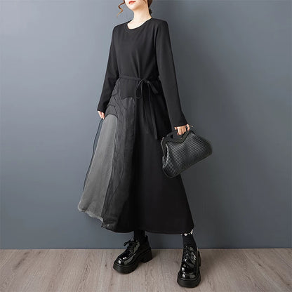 【ワンピース】ゆったり ダークモード デザインワンピース チュール 重ね切替 長袖ワンピース レディース モード系 雰囲気 ロングドレス【AHシリーズ】