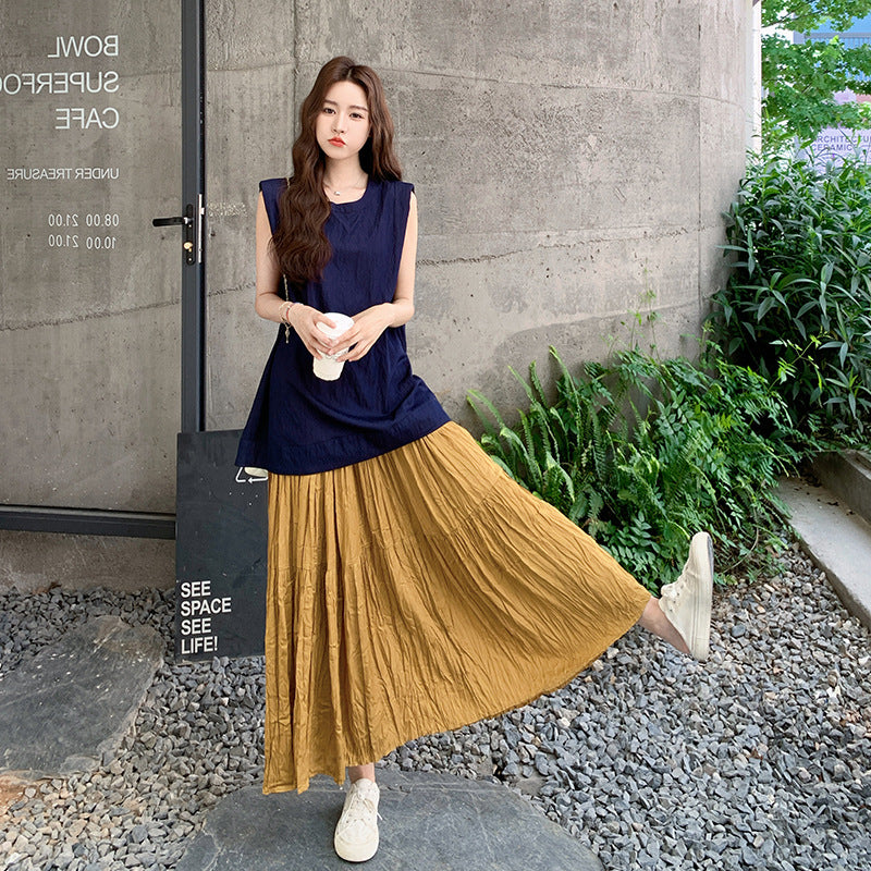 2点セット！【セットアップ】ラウンドネックカジュアルノースリーブブラウス＋ハイウエスト細見えAラインスカート上下セット【JZシリーズ】