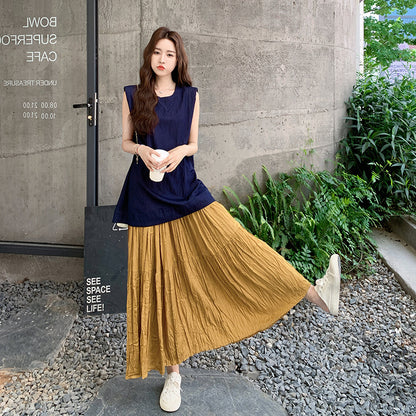 2点セット！【セットアップ】ラウンドネックカジュアルノースリーブブラウス＋ハイウエスト細見えAラインスカート上下セット【JZシリーズ】