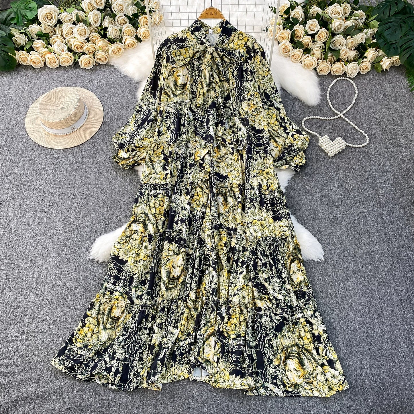 【ワンピース】プリントVネック お腹周りカバー フリル 長袖 ワンピース 【SHシリーズ】