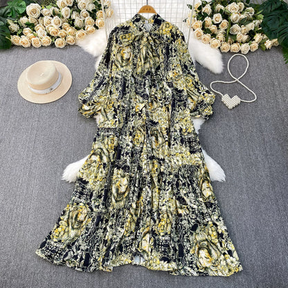 【ワンピース】プリントVネック お腹周りカバー フリル 長袖 ワンピース 【SHシリーズ】