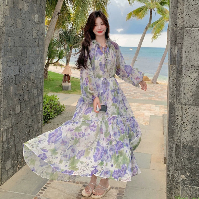 【ワンピース】ビーチ バカンス風 風油絵 小花柄 ワンピース 春夏 フレンチ 柔らかい雰囲気 長袖 日焼け防止 ドレス【SHシリーズ】