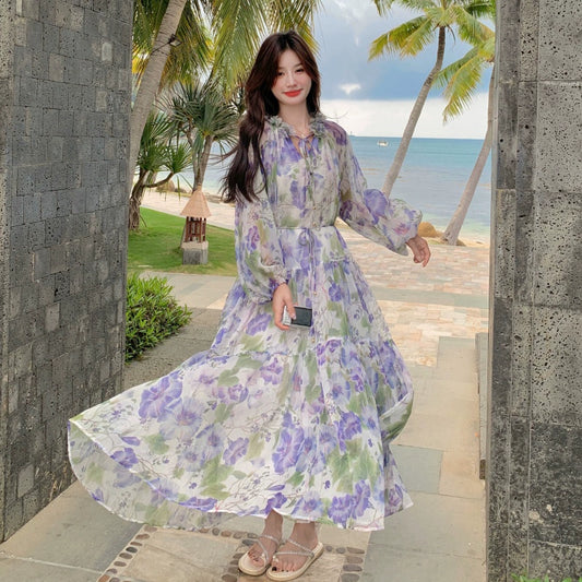 【ワンピース】ビーチ バカンス風 風油絵 小花柄 ワンピース 春夏 フレンチ 柔らかい雰囲気 長袖 日焼け防止 ドレス【SHシリーズ】