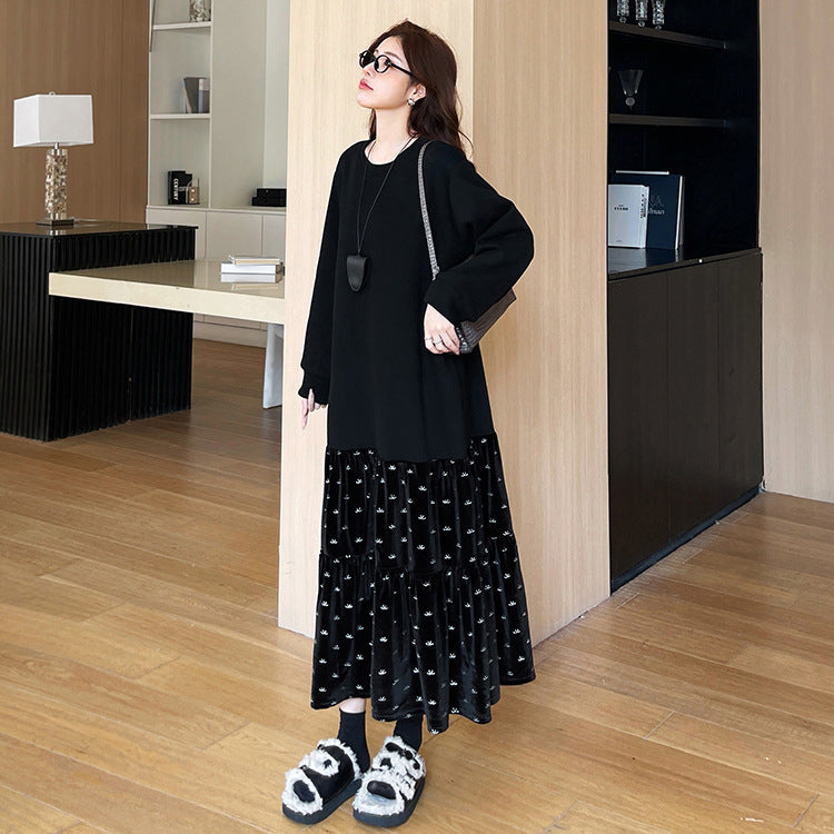 【ワンピース】秋冬 大きいサイズ ベロア切替Aラインスウェット長袖ワンピース ゆったり 洋服感アップ【JZシリーズ】