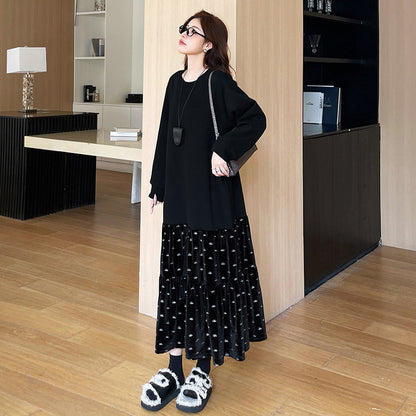 【ワンピース】秋冬 大きいサイズ ベロア切替Aラインスウェット長袖ワンピース ゆったり 洋服感アップ【JZシリーズ】