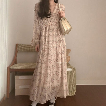 【24AW】【ワンピース】chic レトロ Vネック花柄 合わせやすい 長袖ワンピース