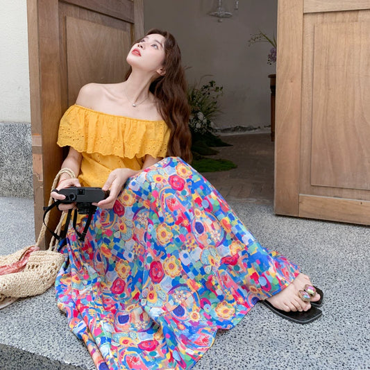 2点セット！【セットアップ】ドーパミンコーデ フリル刺繍トップス＋油絵風スカート 上下セット【SHシリーズ】