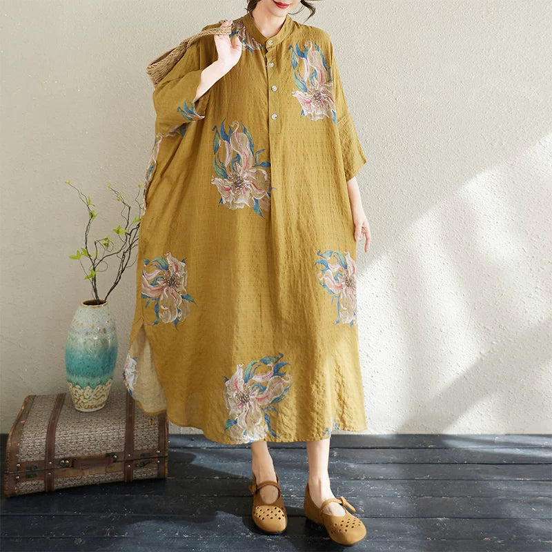 7カラー【ワンピース】気質 文芸風 レトロ コットンリネン 花柄 立襟 ゆったり 超ロング 大きいサイズ レディース 長袖リゾートワンピース【SHシリーズ】