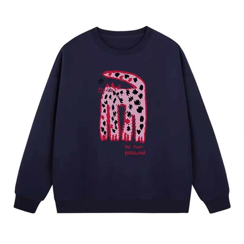 S~2XL【トップス】クルーネック ネコ スウェット レディース 韓国風 ゆったり 学生風 豹柄 猫 秋冬パーカー【FCシリーズ】