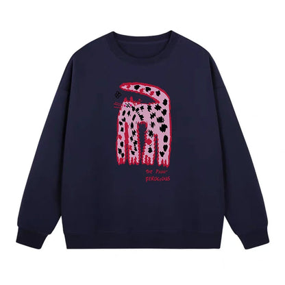 S~2XL【トップス】クルーネック ネコ スウェット レディース 韓国風 ゆったり 学生風 豹柄 猫 秋冬パーカー【FCシリーズ】