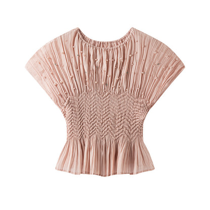 【トップス】夏 ビジュー付き プリーツデザイン クルーネック ブラウス 【SHシリーズ】