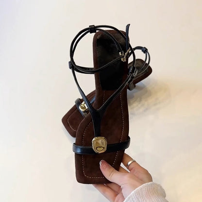 【シューズ】フレンチヴィンテージ  ローマサンダル メタルストラップ スクエアトゥヒールサンダル