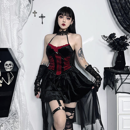 【ハロウィン】コスプレ セクシー ガール コスチューム カラーブロック 気質 タイト ウエストシェイプ ハイネック キャミソール＋ミニスカート