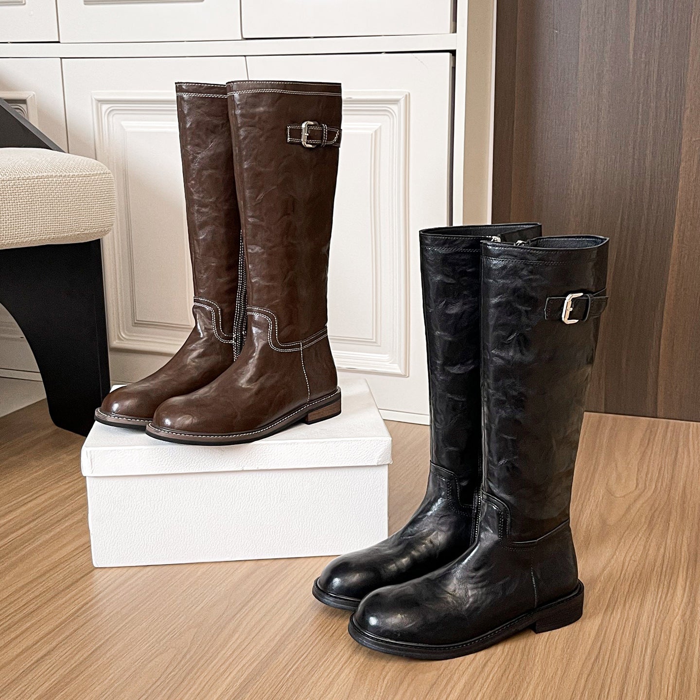 【シューズ】🌟ウォッシュドホースレザー厚底ブーツ💜中筒・長靴 サイドジッパー ベルト付き レディース 秋冬新作