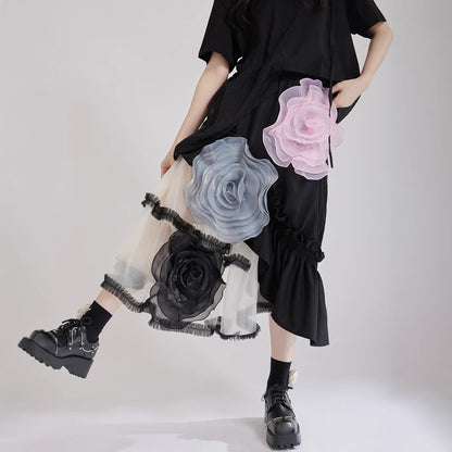 【ボトムス】春 秋 夏 ふんわり 不規則 切り替え 大きなローズ スカート 【AHシリーズ】