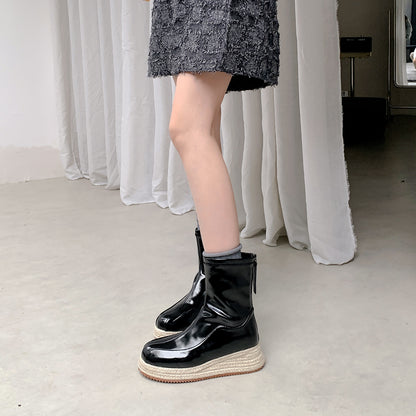 【シューズ】ウェッジヒール スクエアトゥ バックジップ エスパドリーユ 厚底ブーツ