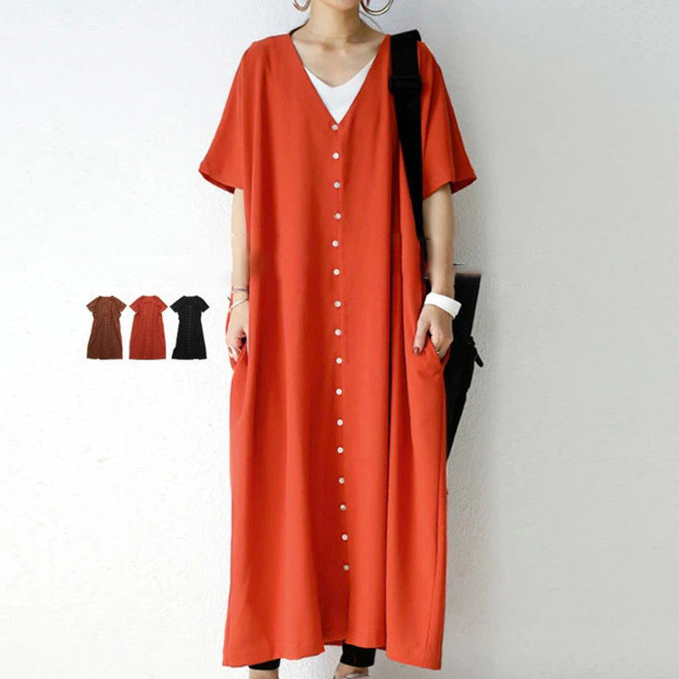 【ワンピース】夏 Vネック ルーズ 半袖 ボタン付き ワンピース