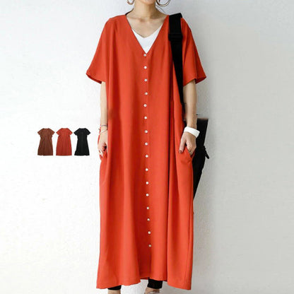 【ワンピース】夏 Vネック ルーズ 半袖 ボタン付き ワンピース
