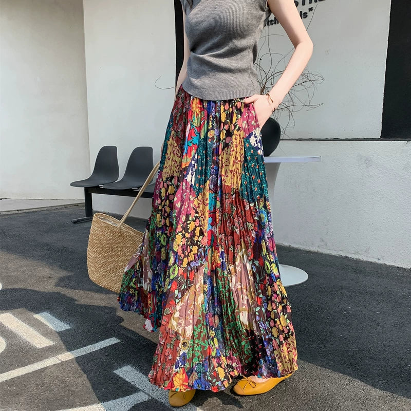 【ボトムス】ボヘミアン エスニックテイスト 小花柄 ドーパミンカラー スカート 【SHシリーズ】