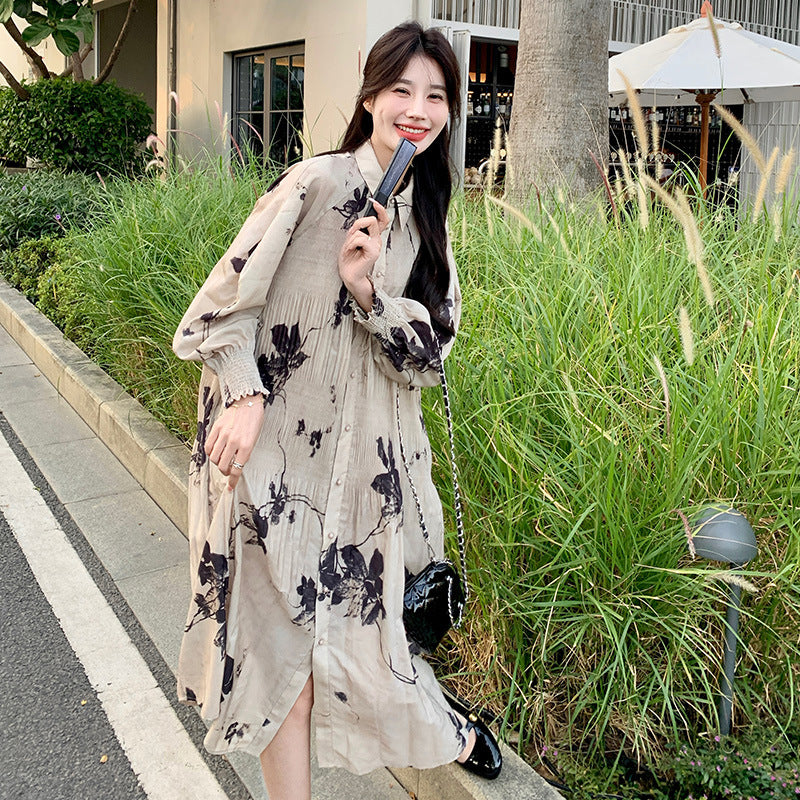 【ワンピース】春秋 ボディラインを美しく見せる レトロ 花柄 プリーツ 長袖ワンピース【SHシリーズ】